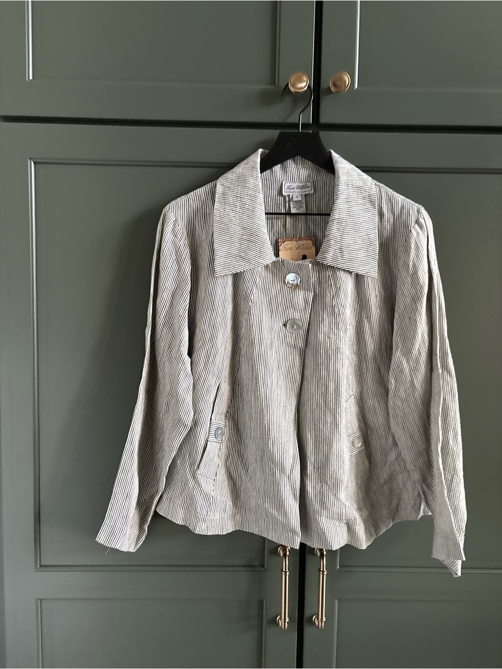 NWT 100% Linen Oversized Striped Button Up Jacket, Navy/White, TWO WISHES, S